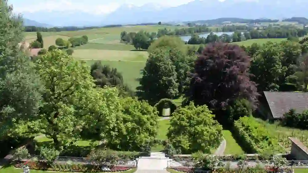 Das Bild zeigt eine Aussicht auf einen gepflegten Schlosspark mit einer Allee, die zu einem Bogen im Grünen führt. Im Vordergrund sind blühende Rosensträucher und eine Skulptur zu sehen. Dahinter erstrecken sich grüne Wiesen und ein See. Im Hintergrund erhebt sich eine beeindruckende Bergkette. Der Himmel ist klar, was auf einen sonnigen Tag hindeutet. Die Szenerie ist ruhig und malerisch.