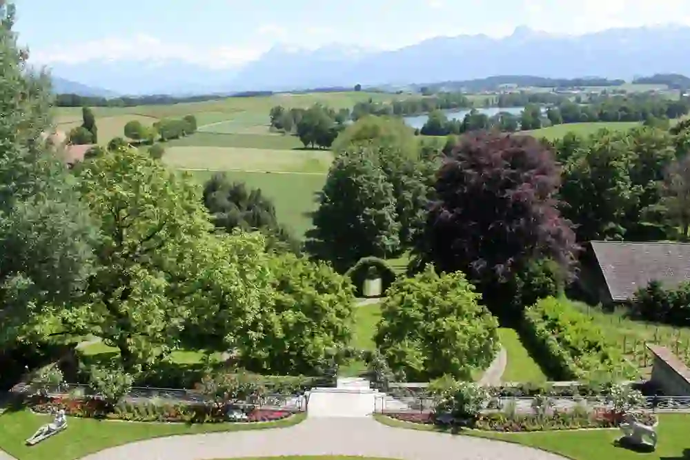 The picture shows a view of a well-tended castle park with an avenue leading to an arch in the greenery. Flowering rose bushes and a sculpture can be seen in the foreground. Behind them are green meadows and a lake. An impressive mountain range rises in the background. The sky is clear, indicating a sunny day. The scenery is calm and picturesque.