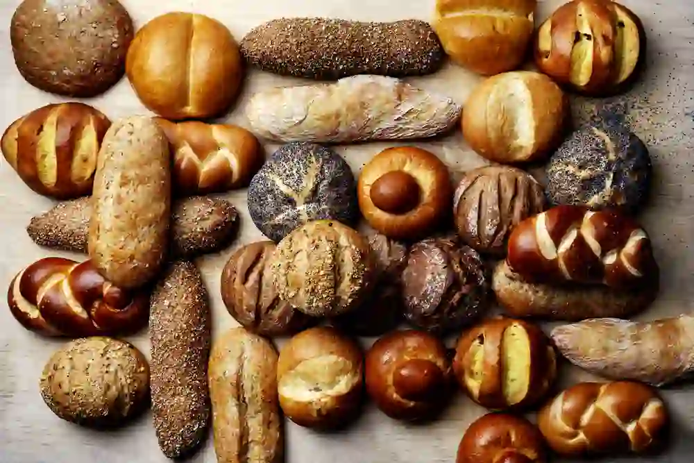 Das Bild zeigt eine Auswahl an verschiedenen Broten, auf einem Holztisch. Man sieht Korn, Weiss, Laugenbrote. Perfekt für ein ausgiebiges Frühstück