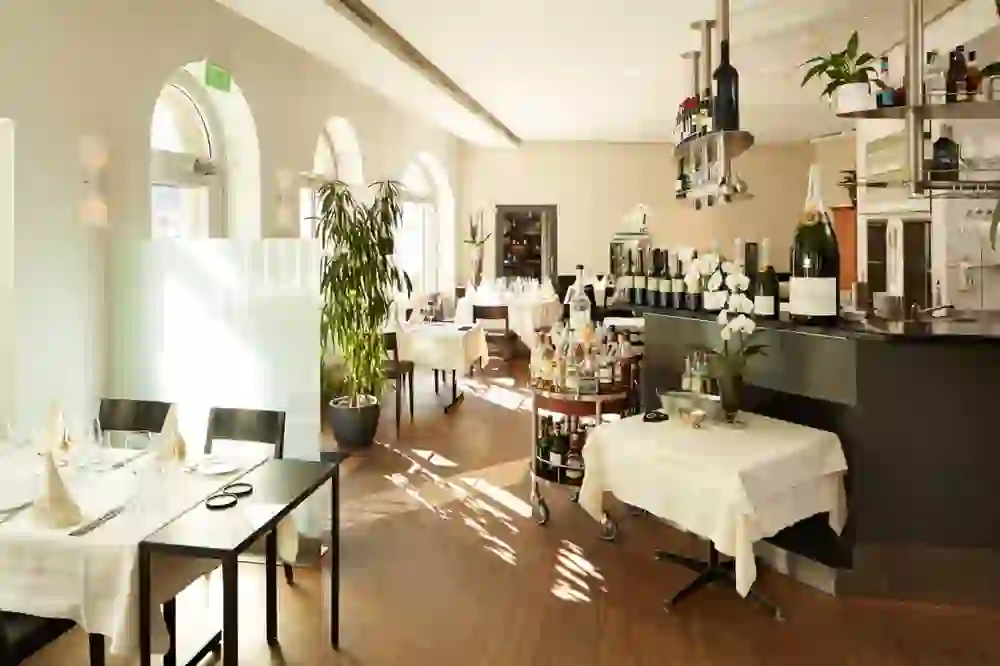 The picture shows the bright and elegant interior of a restaurant. Large windows let in plenty of natural light and the tables are carefully decorated with wine glasses and flowers, creating an inviting and relaxed atmosphere.