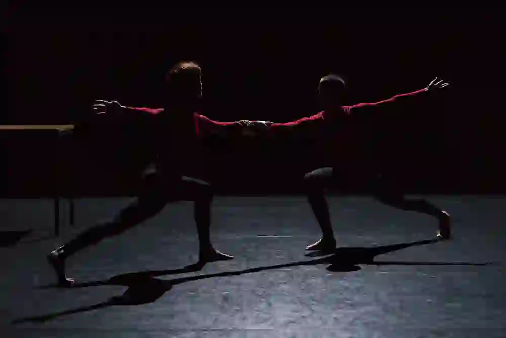 L'image montre deux danseurs dans une pose synchronisée, éclairés par un doux contre-jour, ce qui fait ressortir leurs silhouettes. La représentation minimaliste et la scène sombre de la Dampfzentrale créent une atmosphère intime, presque méditative, qui souligne la concentration sur le mouvement et la forme.