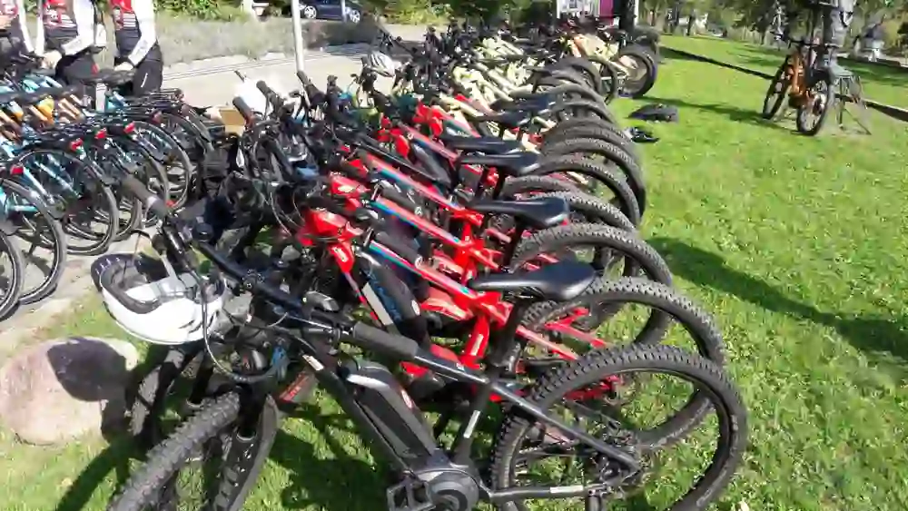 Ein buntes Durcheinander von E-Bikes im Gras parkt im Freien, bereit für eine Tour, während Radfahrer sich im Hintergrund auf das bevorstehende Erlebnis vorbereiten.