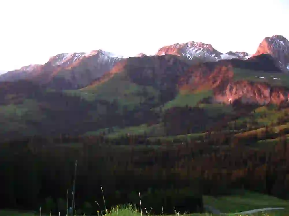 The first rays of sunshine of the day bathe the peaks and forests of the Gantrisch Nature Park in a warm, golden light that promises tranquillity and the awakening of nature.