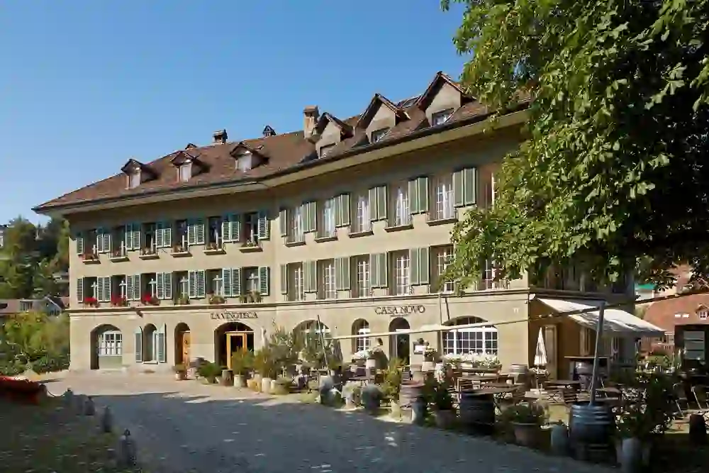 L'immagine mostra la vista esterna di un elegante ristorante chiamato Casa Novo, con una terrazza esterna circondata da una vegetazione lussureggiante e finestre decorate con fiori. L'atmosfera soleggiata e tranquilla invita a soffermarsi.