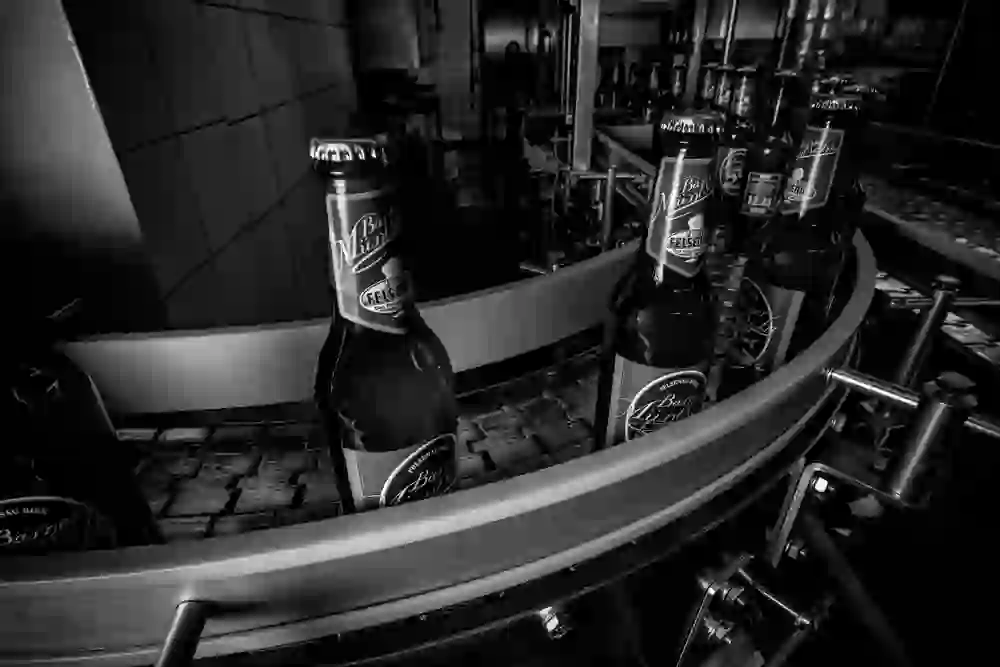 L'immagine mostra una fila di bottiglie di birra "Felsenau" scure su un nastro trasportatore in un birrificio, catturate in una fotografia dinamica e monocromatica che suggerisce artigianalità e tradizione.