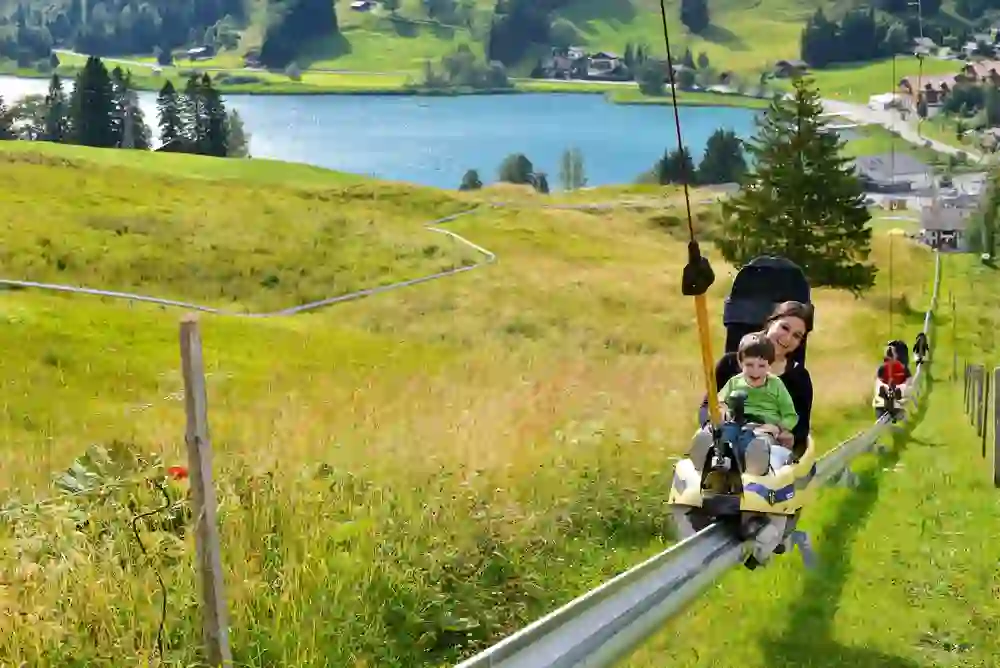 Das Bild fängt die Freude einer Familie auf einer Sommerrodelbahn nahe dem Schwarzsee ein. Das strahlende Lächeln des Kindes und die zufriedene Miene der Mutter, während sie den Hang hinuntergleiten, spiegeln ein unbeschwertes Vergnügen vor der Kulisse des idyllischen Sees und der sanften Hügellandschaft wider.
