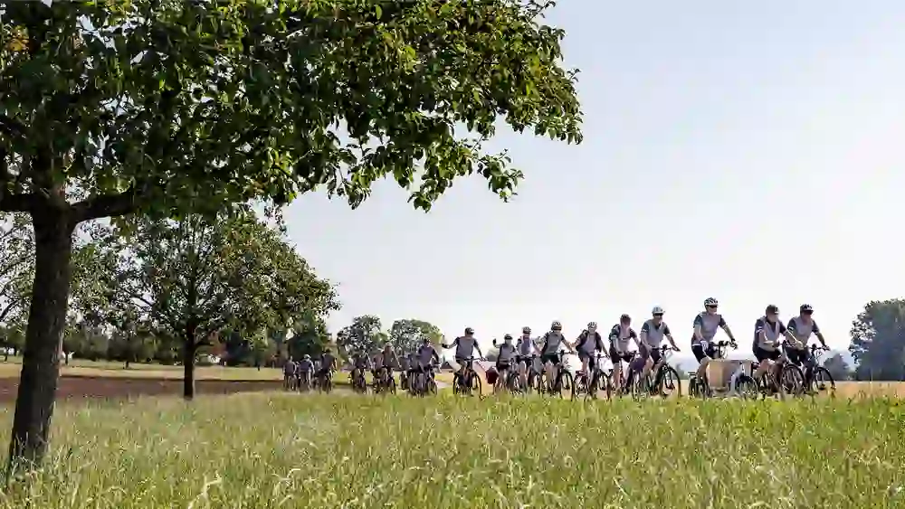 Un groupe de cyclistes explore en souriant l'idylle rurale, nichée entre la verdure luxuriante et les arbres fruitiers, une image de joie et de détente partagées.