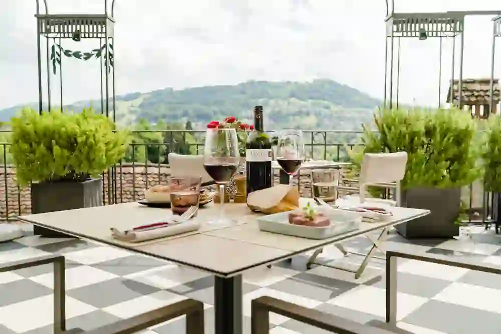 La photo présente une table exquise dressée sur la terrasse de l'hôtel Bellevue Palace à Berne. La vue s'ouvre sur les douces collines de la campagne environnante, tandis que la décoration de la table invite à une expérience culinaire avec de la vaisselle raffinée, un vin de choix et des fleurs fraîches. L'aménagement élégant de la terrasse et les plantes luxuriantes créent une atmosphère de luxe et de détente. C'est l'endroit parfait pour profiter de la vue et de l'élégante tranquillité tout en dégustant un bon repas et un bon verre de vin.