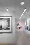 Galleria d'arte con vari dipinti moderni su pareti bianche, tra cui una grande fotografia in bianco e nero e opere astratte colorate.