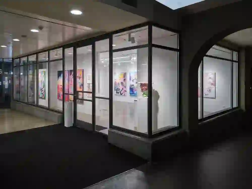 Galleria d'arte con dipinti colorati su pareti bianche, che possono essere ammirati di notte attraverso grandi vetrate da un corridoio esterno.