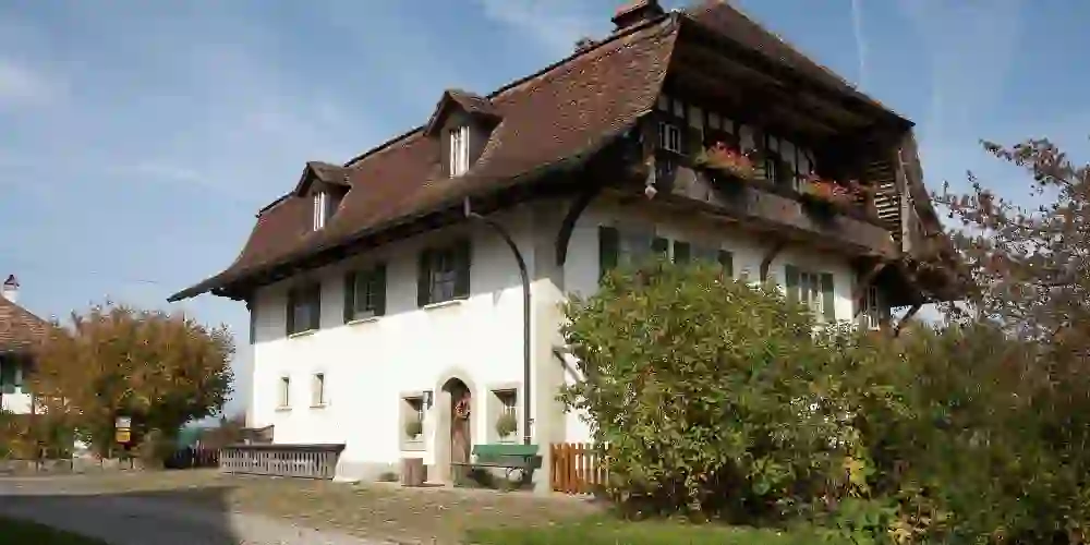 The photo shows the Althuus Farm Museum in a peaceful and inviting rural setting. The building presents itself with traditional architecture, which is characteristic of farmhouses in some regions of Switzerland.