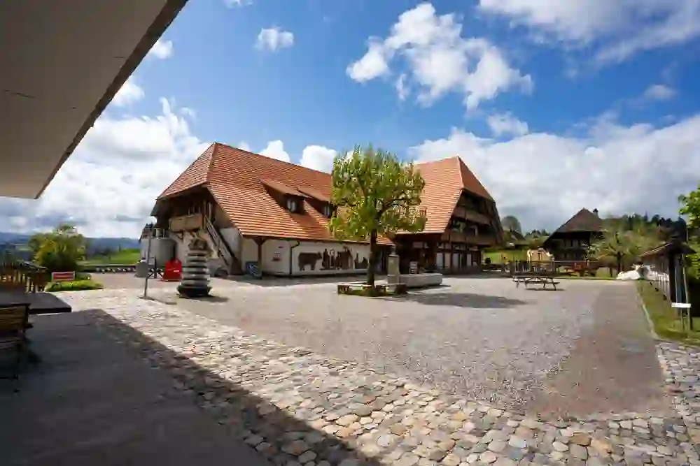 La foto mostra il caseificio dell'Emmental illuminato dal sole. L'architettura storica, circondata da un'atmosfera tranquilla e rurale, vi invita a scoprirla e a goderla.