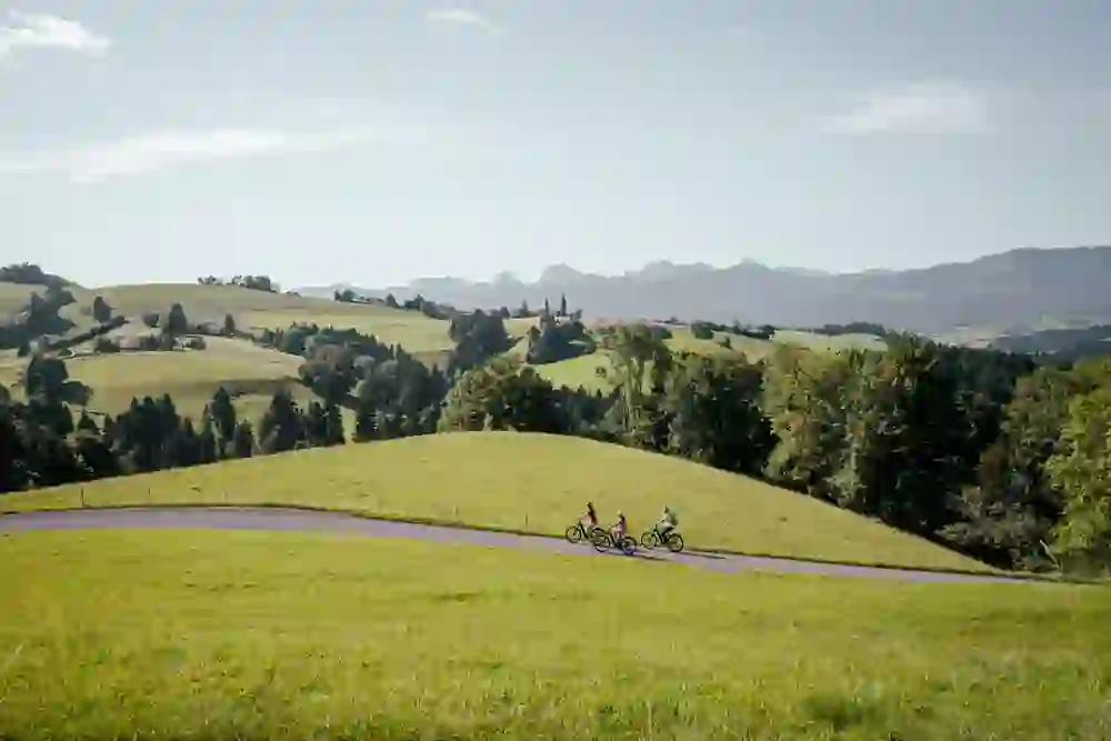 Auf dem Bild sieht man drei E-Bike-Fahrer in Bern und im Hintergrund sieht man die traumhafte voralpine Bergwelt