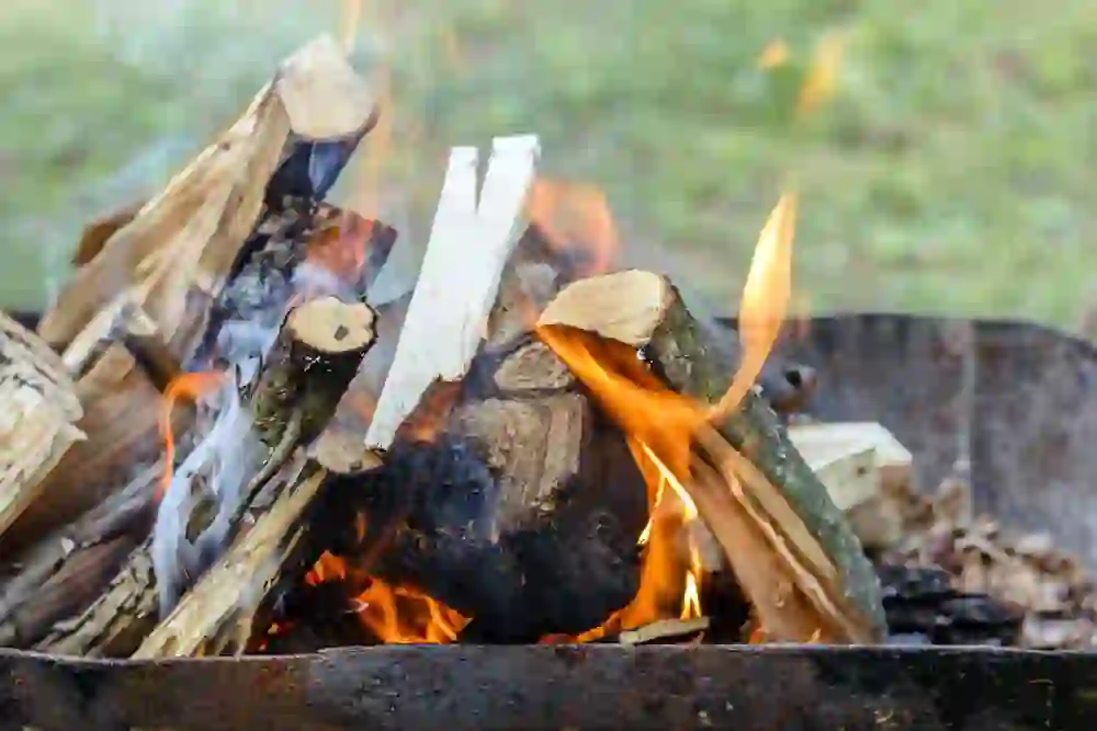 The photo shows a crackling campfire that radiates warmth and cosiness. The flames dance between the logs, which still show traces of moss, an indication of their forest origins. The rising smoke mixes with the fresh air and carries the scent of burning wood into the neighbourhood.