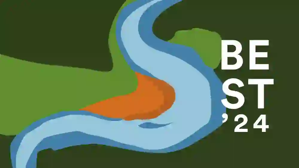 Das Bild zeigt ein grafisches Design mit dem Schriftzug "BEST '24" über einer stilisierten, fließenden Flusslandschaft in kräftigen Farben, die Dynamik, Vitalität und eine zukunftsorientierte Einstellung ausstrahlt.