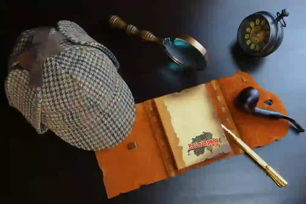 Das Bild zeigt Gegenstände, die häufig mit Detektivgeschichten assoziiert werden, was darauf hindeutet, dass es im Zusammenhang mit einem Krimi-Event oder einer Schnitzeljagd steht, wie etwa dem „KrimiSpass“ in Utzenstorf, Laupen, Münsingen und Trubschachen.