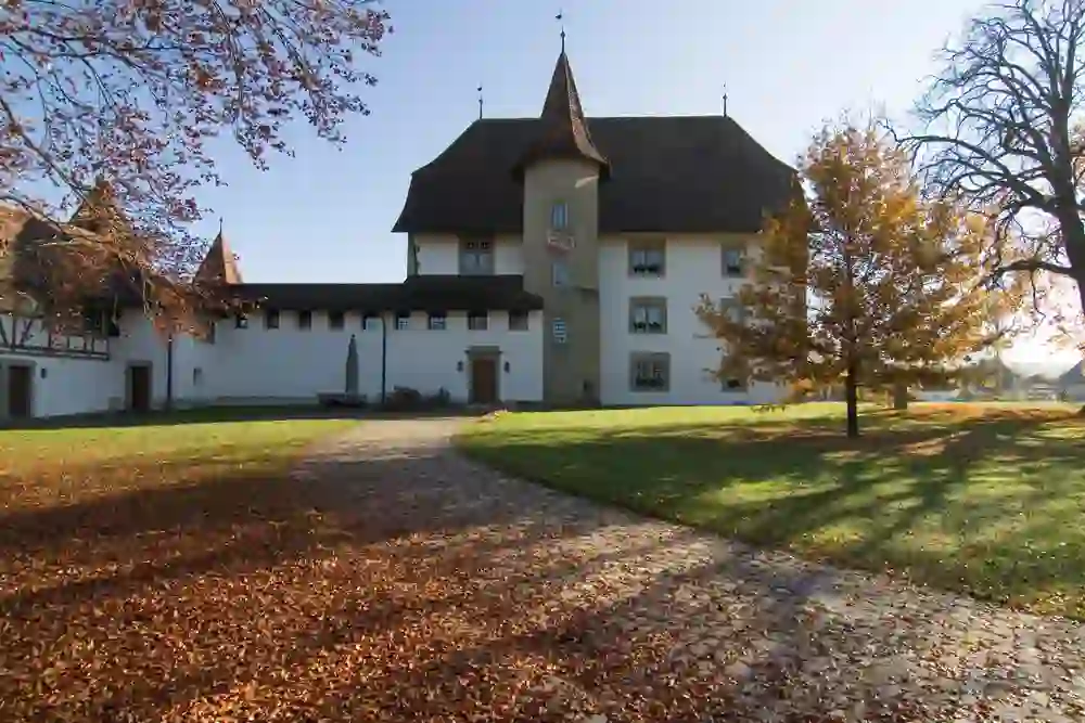 Das Foto zeigt Schloss Schwarzenburg in einer herbstlichen Szenerie. Das prächtige Schloss steht stolz inmitten einer friedlichen Landschaft, umgeben von Bäumen, deren Blätter die Farben des Herbstes angenommen haben und den Boden bedecken.