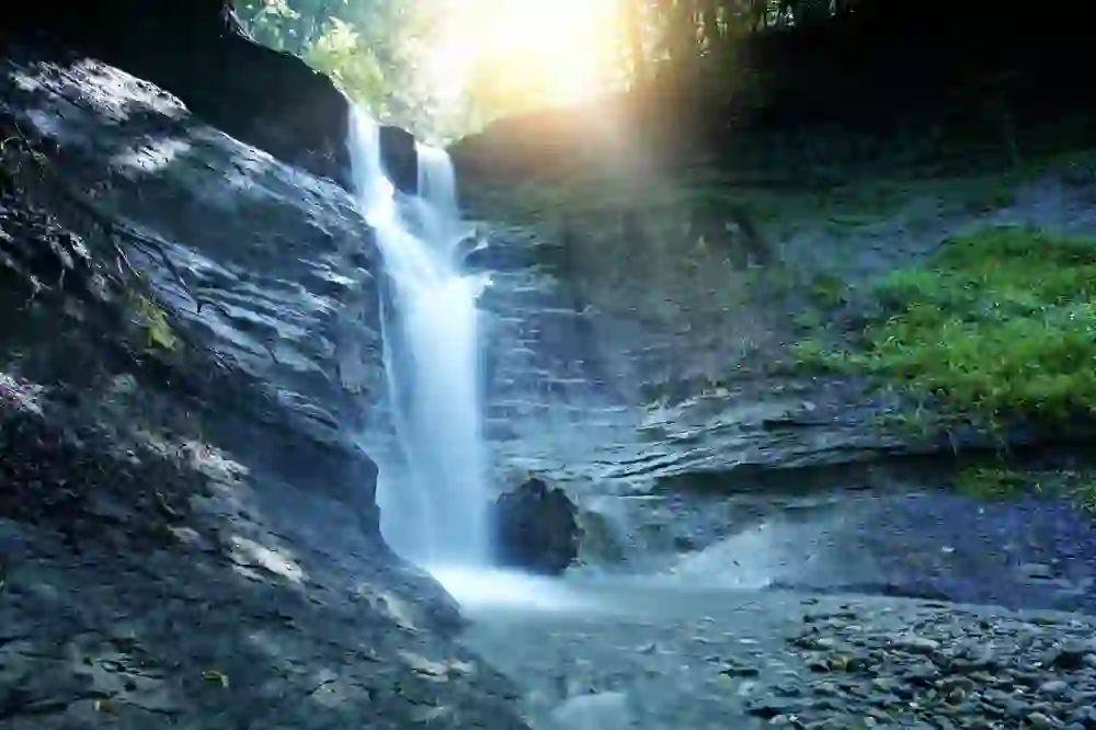 Der Mutzbachfall, eingefangen in einem wunderschönen Foto. Die Wassermassen stürzen hier kraftvoll herab, umgeben von moosbewachsenen Felsen und einem Hauch von Sonnenlicht, das durch das Blätterdach hindurchbricht und dem Wasser einen fast magischen Glanz verleiht.