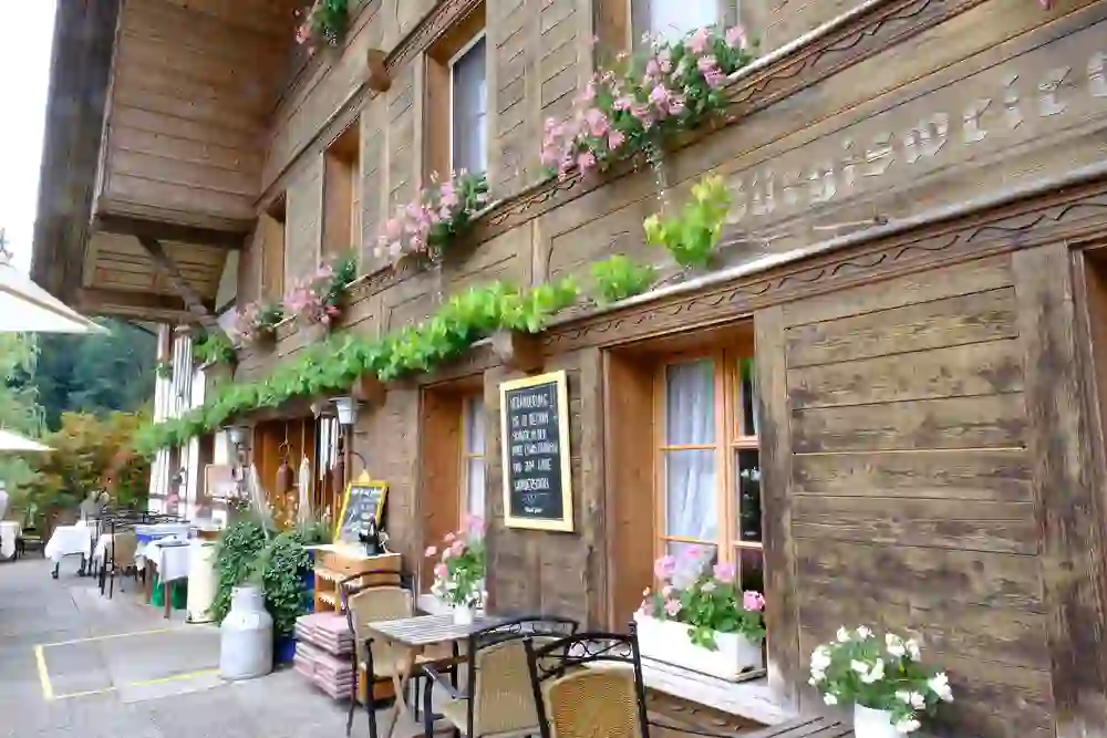 Das Bild zeigt die Außenansicht eines traditionellen Schweizer Gasthauses namens "Bürgisweyerbad". Die Fassade des Gebäudes ist aus Holz und reich mit Blumenkästen an den Fenstern dekoriert. Vor dem Gasthaus stehen Tische und Stühle, die zum Verweilen einladen. Ein Schild informiert über aktuelle Angebote oder Veranstaltungen. Die Szene wirkt idyllisch und gemütlich, mit üppigem Grün und farbenfrohen Blumen, die das rustikale Ambiente des Gasthauses unterstreichen. Im Hintergrund sind Bäume und Natur zu sehen, was die ländliche Atmosphäre verstärkt.