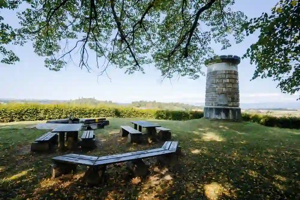 Das Bild präsentiert den Grillpatz in Neuenegg inmitten einer grünen Wiese, die sich unter einem blauen Himmel und lichten Blätterdach ausbreitet. Im Zentrum steht ein markantes Steinmonument, das Geschichten aus der Vergangenheit zu flüstern scheint. Umgeben von rustikalen Holzbänken und Tischen bietet der Ort eine einladende Kulisse für gesellige Stunden im Freien.