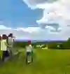 Sur la photo, on voit trois personnes en trottinette dans une prairie, qui profitent d'une vue étendue. Le groupe semble s'arrêter pour admirer la vue, ce qui crée une atmosphère calme et paisible. Le paysage ouvert et la douce verdure environnante suggèrent une pause relaxante lors de leur randonnée.