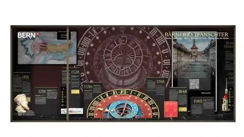 The picture shows an exhibition about the history of Bern, illustrated among other things by the clock face of the Bern Zytglogge. The detailed information panels and the impressive design create an educational and fascinating atmosphere.