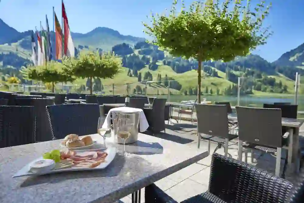 Das Bild offenbart eine idyllische Szene an der Terrasse der Hostellerie am Schwarzsee. Mit einem atemberaubenden Blick auf die sanften Hügel und die ruhigen Gewässer des Schwarzsees geniessen die Gäste ihre Mahlzeit inmitten der malerischen Schweizer Landschaft. Die Tische sind sorgfältig arrangiert und laden mit einem köstlichen Snack und Weisswein zum Verweilen ein. Die flatternden Flaggen im Hintergrund und die satten Grüntöne der Natur ergänzen das ruhige Ambiente, das perfekt für eine Auszeit und kulinarischen Genuss in einer Postkartenlandschaft ist.
