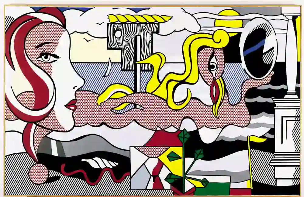 Le tableau "Figures in Landscape" de Roy Lichtenstein présente des visages stylisés et des formes abstraites aux couleurs vives. Le paysage d'apparence surréaliste transmet un mélange d'énergie et de mélancolie qui crée une ambiance à la fois rêveuse et distante.