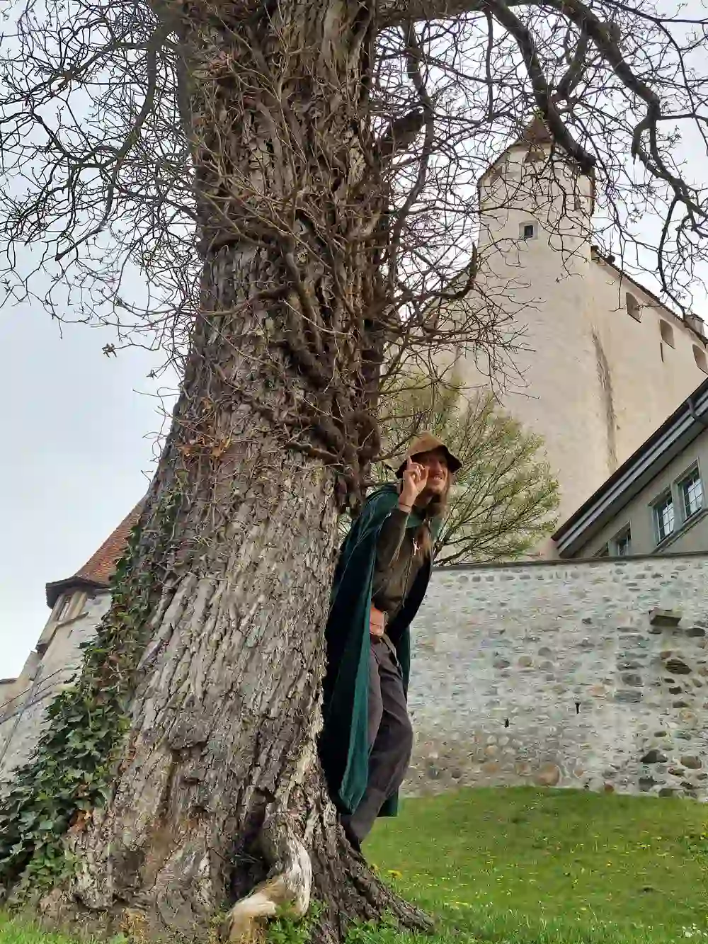 L'immagine mostra una persona in abiti di ispirazione medievale che si nasconde dietro un grande albero. La persona indossa un lungo mantello verde e un cappello e guarda con curiosità intorno al tronco dell'albero. Sullo sfondo c'è l'alta torre bianca di un castello o di un palazzo, circondata da un muro di pietra. La scena ha un aspetto misterioso e fiabesco, quasi da racconto fantasy. L'atmosfera è calma, con un pizzico di avventura e magia.