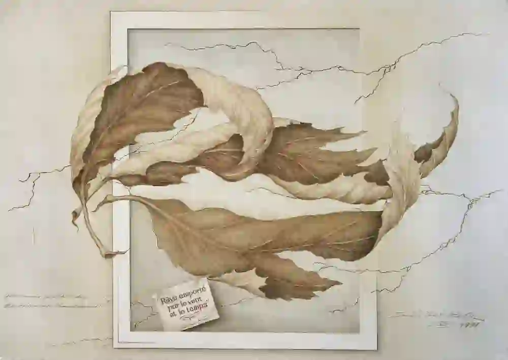 The picture shows a detailed drawing of a leaf that is twisted and surrounded by cracks, giving the impression of fragility and movement. A note with the French text "Rêve emporté par le vent et le temps" (A dream carried away by the wind and time) is visible and could allude to the transience of nature. The art is both realistic and metaphorical.
