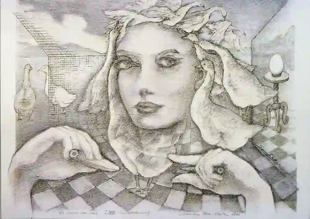 The picture is a drawing of a female face with leaves in her hair, suggesting a figure from nature or mythology. Two geese flank her face and a chequered pattern adorns her garment. A jagged line can be seen in the background, perhaps representing a landscape. There is also a candle, which could indicate a symbolic meaning. Below the portrait are the words "la reine des oies" (the goose queen) and a date, possibly the date of creation of the artwork.