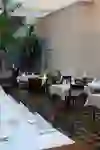 ! L'image montre un restaurant inondé de lumière avec des nappes blanches et des plantes vertes, ce qui donne une atmosphère fraîche et accueillante.