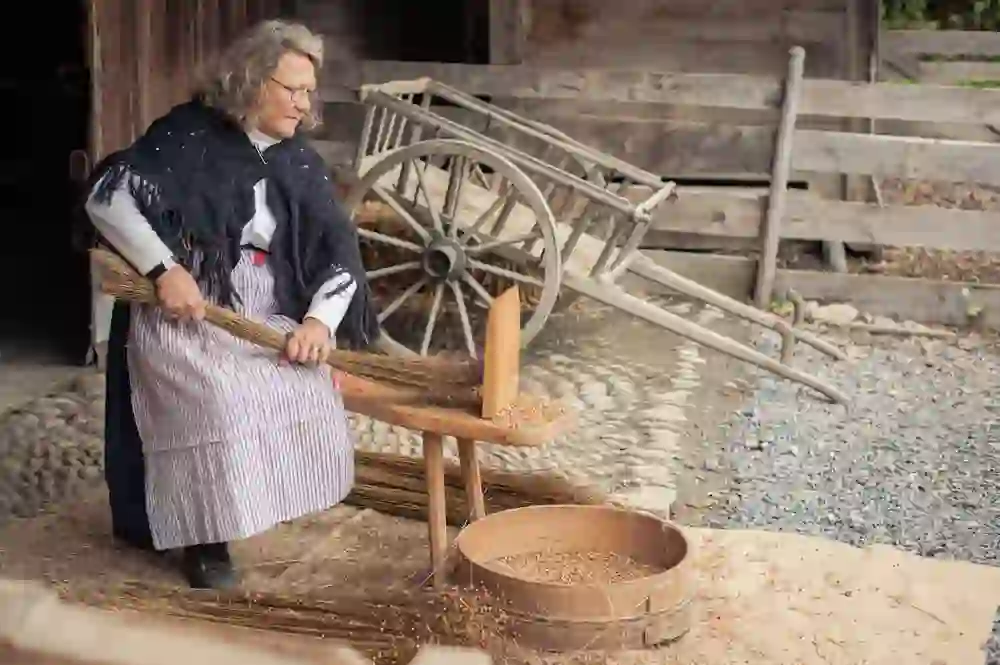 The picture shows a woman in traditional dress sifting grain with concentration. The rustic setting and the old technique convey a sense of tradition and craftsmanship in a rural, historical atmosphere.