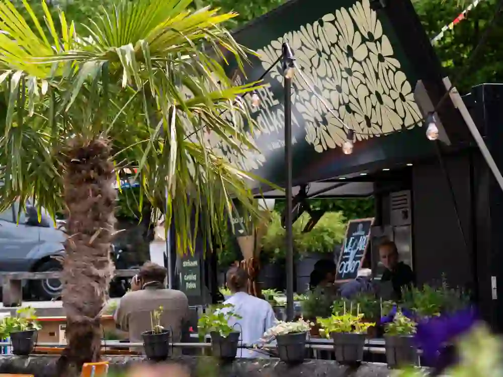 La photo montre une atmosphère détendue dans un stand pop-up "Bäre Balkon" entouré de palmiers et de plantes. Des guirlandes lumineuses et un design floral vert créent une ambiance chaleureuse et accueillante, tandis que les clients profitent de l'atmosphère.