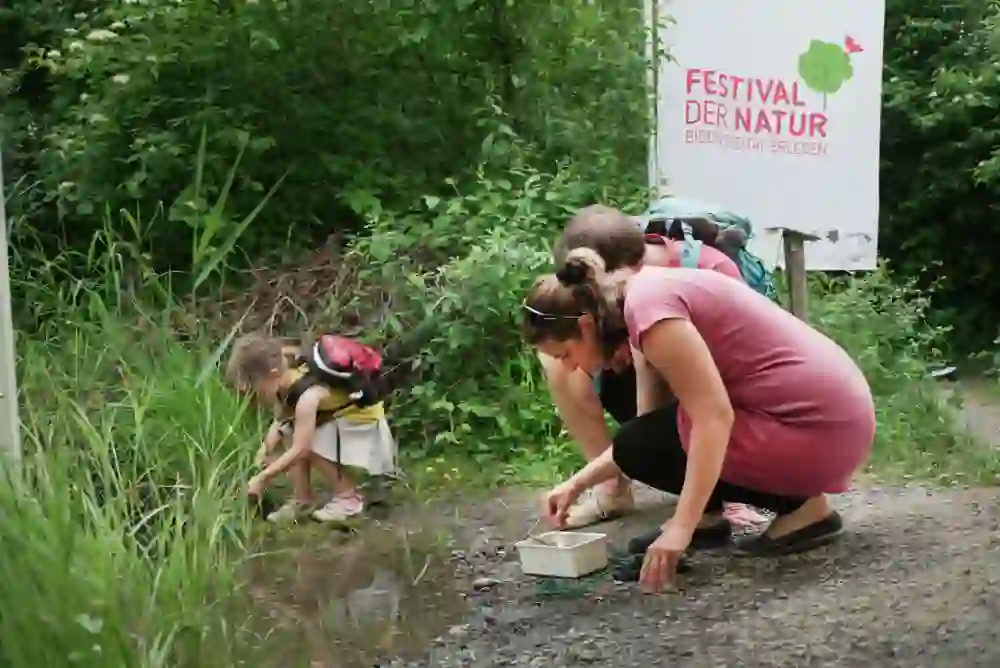 L'immagine mostra una famiglia che esplora un piccolo stagno ai margini della foresta. Una donna, un uomo e un bambino raccolgono campioni d'acqua. Sullo sfondo c'è uno striscione con la scritta "Festival della Natura - Vivi la Biodiversità", che fa riferimento a un evento naturalistico. La scena appare vicina alla natura, educativa e adatta alle famiglie.