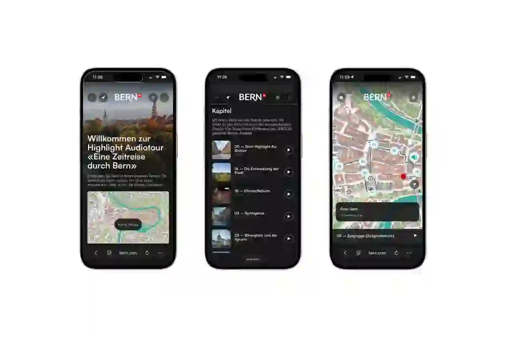 Mockup mit drei iPhones von der Highlight Audiotour von Bern Welcome. Zeigt, was die Gäste erwartet und macht Lust, die Tour zu downloaden.