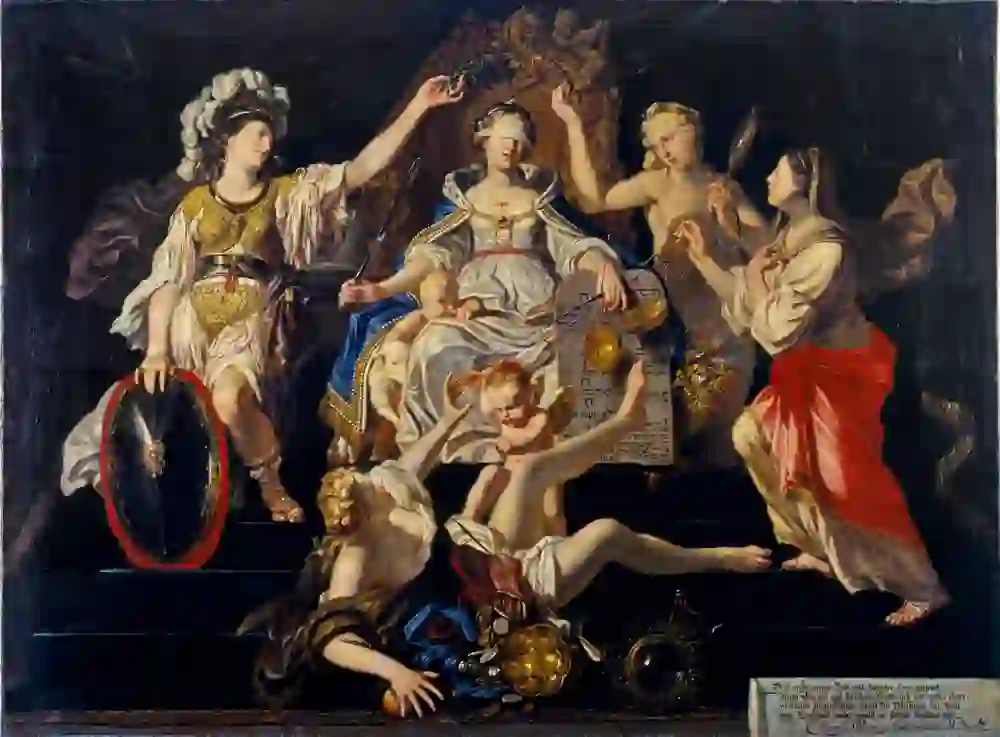 Une représentation allégorique de la justice : Justitia trône dans un calme royal, entourée de vertus telles que le courage, la sagesse et la tempérance. Ses yeux sont bandés, son regard est tourné vers l'intérieur. Le chaos et le vice sont à ses pieds, impuissants.