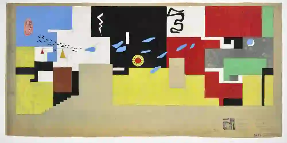 L'image présente un collage de formes et de couleurs abstraites superposées à une surface de fond composée de coupures de presse et d'illustrations de mode. Les couleurs noir, rouge, bleu et orange sont appliquées en formes dynamiques et organiques qui s'étendent sur les figures et les textes imprimés. La partie supérieure du collage contient des éléments de journaux verts, tandis que des surfaces noires dominent les bords inférieur et supérieur de l'œuvre d'art.