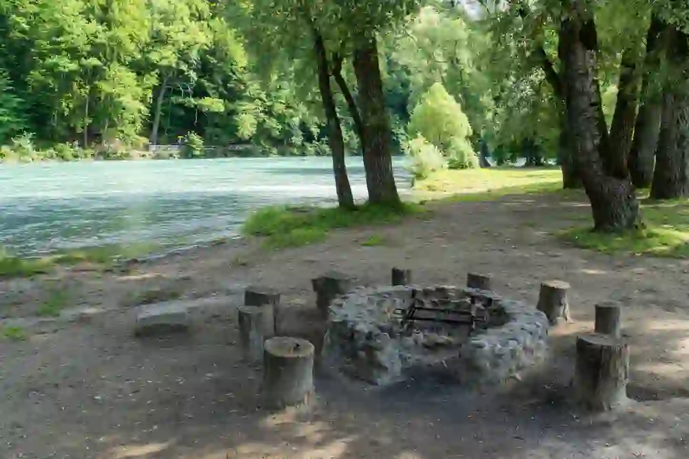 The picture shows a campfire site at the Eichholz campsite on the River Aare in Bern. Surrounded by tall, green trees, the place exudes tranquillity and invites you to linger. The tree stumps around the fire pit provide a natural seating area, perfect for socialising in the great outdoors.