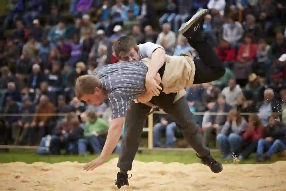 Das Bild fängt einen intensiven Moment eines Schwingkampfes ein, mit zwei Männern in der Hitze des Gefechts, umgeben von einem begeisterten Publikum. Sägemehl wirbelt um sie herum auf, was die Dynamik und Spannung des Sports unterstreicht.