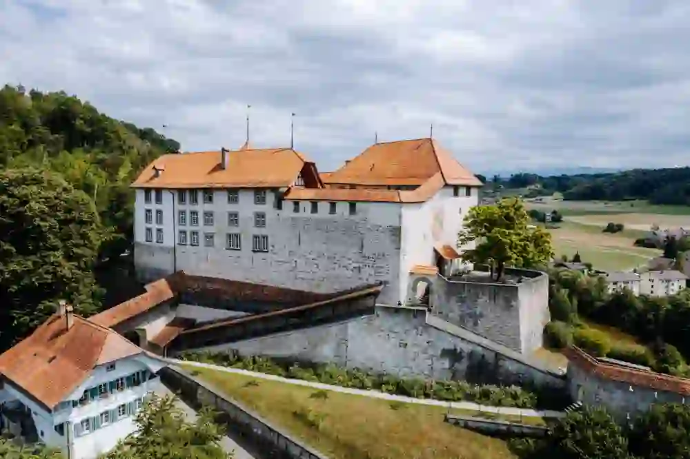 Das majestätische Schloss Laupen, umgeben von Grün und einer malerischen Landschaft, strahlt Ruhe und historische Bedeutung aus, eingefangen in einer friedvollen sommerlichen Szene.