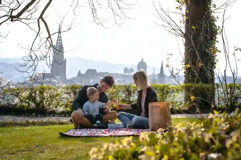 Une famille profite d'un pique-nique avec vue sur la pittoresque ville de Berne au printemps, une scène pleine de chaleur et de sécurité familiale.