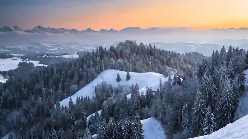 A winter fairy tale in soft pastel colours: snow-covered hills and deep snow-covered fir trees in the Emmental are bathed in the warm light of the setting sun - a tranquil, magical scene that radiates peace and a deep connection with nature.