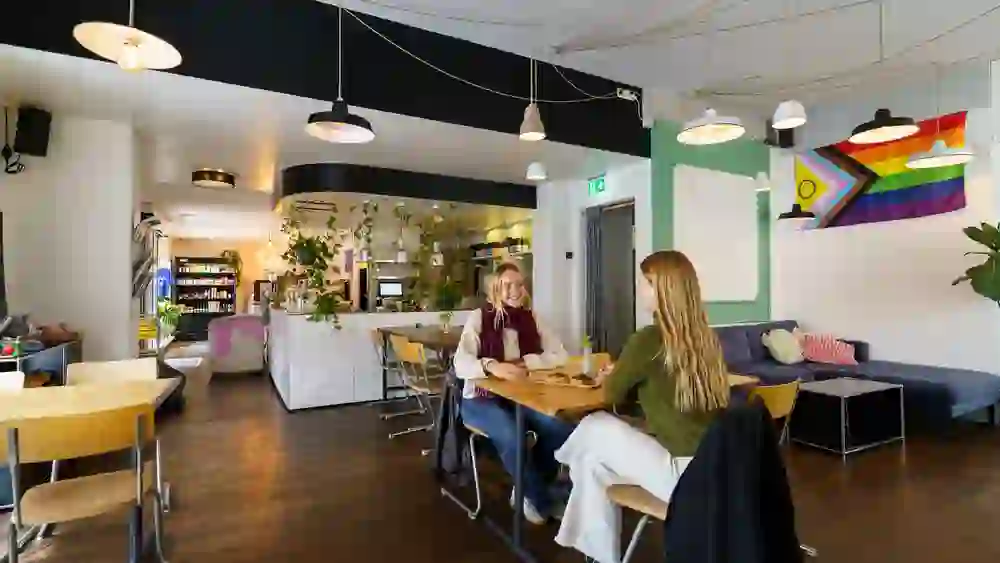 Two people sit relaxed in the Bakery Bakery, chatting and enjoying coffee and pastries. The open, lovingly decorated interior with plants and colourful accents conveys an informal, warm atmosphere - a place to linger and feel good.