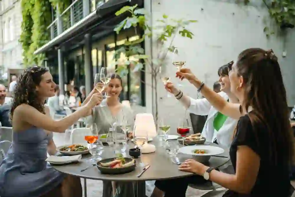 The picture shows a cheerful group of people clinking glasses in an outdoor restaurant. They are smiling and seem to be enjoying each other's company as they sit surrounded by an elegant ambience. The photo conveys an atmosphere of joy and togetherness, perfect for a cosy get-together among friends.