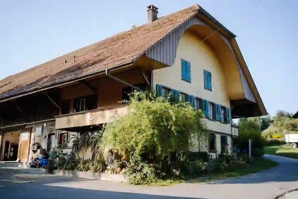 Auf dem Foto ist ein der Hofladen Königs Biohof in Oberbottigen zu sehen. Das Haus präsentiert sich mit einer gelblichen Fassade und blauen Fensterläden, umgeben von üppigem Grün und Pflanzen, die eine gemütliche Atmosphäre schaffen.