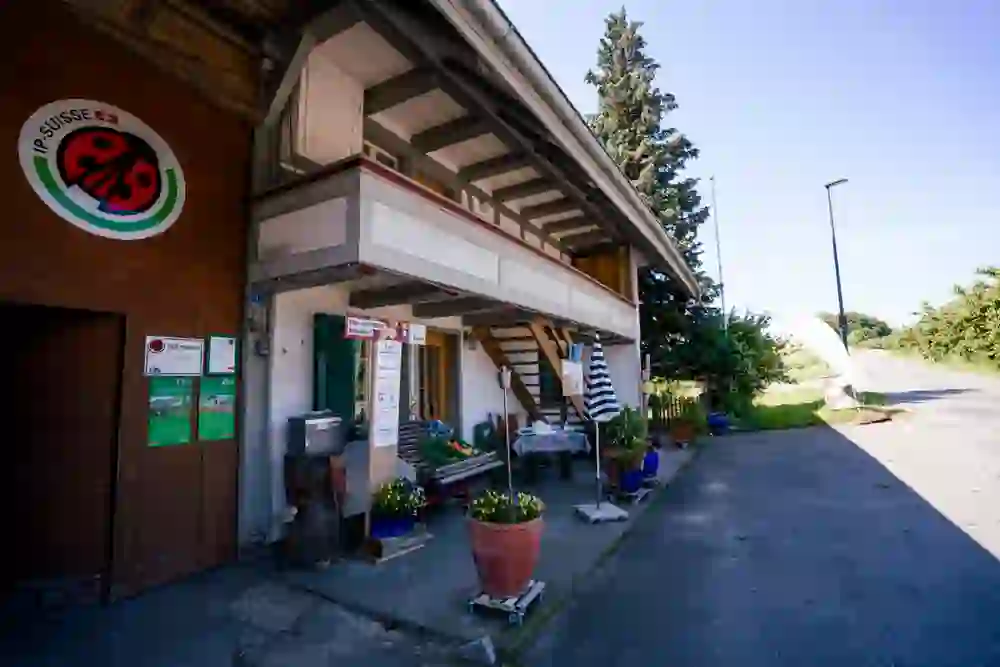 Das Foto zeigt den Aussenbereich des Hofladens Feller. Ein Schild deutet auf ökologisch verantwortungsbewusste Landwirtschaft hin. Verschiedene landwirtschaftliche Produkte sind vor dem Laden ausgestellt, und farbenfrohe Blumentöpfe sorgen für eine freundliche Atmosphäre.