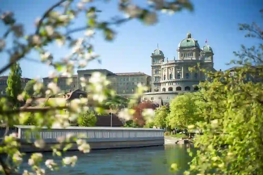 The picture shows the Federal Palace in Bern, set in a spring-like atmosphere with blossoming branches in the foreground and the River Aare glistening gently in the sunshine - an image of peaceful awakening and the beauty of nature.