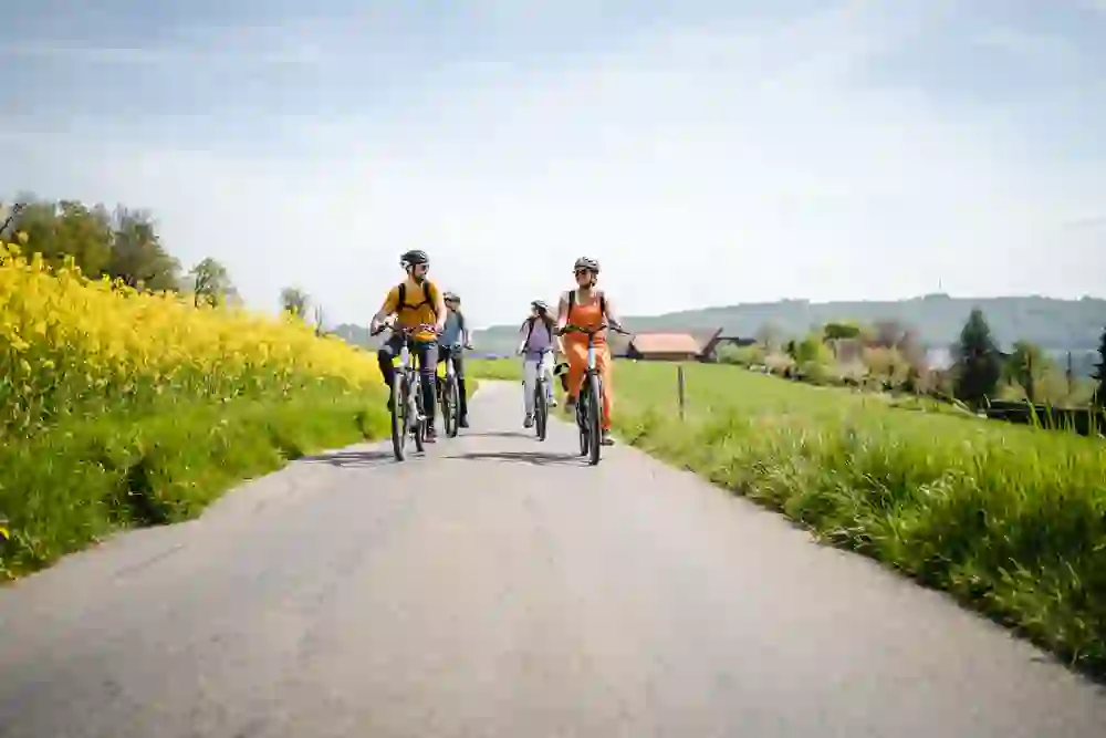 Auf dem Bild sieht man eine Gruppe fröhlicher E-Biker:innen, die auf einer Landstraße im Frühling durch eine idyllische Landschaft mit leuchtend gelben Rapsfeldern fahren, umgeben von frischem Grün und einem klaren blauen Himmel.