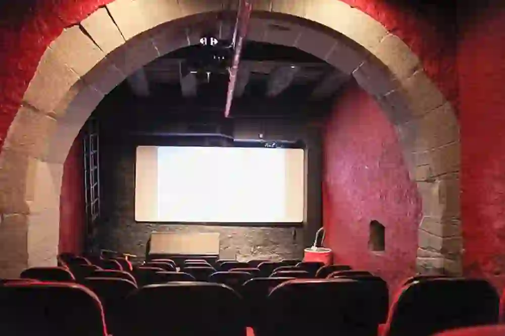 Das Bild zeigt das Kellerkino in Bern mit einem intimen Flair, ausgestattet mit roten Sitzen und traditionellem Steinmauerwerk. Der Kontrast zwischen dem modernen Projektor und der historischen Architektur verleiht dem Raum einen einzigartigen Charme, perfekt für ein besonderes Filmerlebnis.